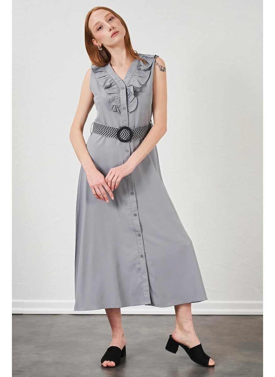 Women's Gray Collar Frilly Front Buttoned Sleeveless Poplin Fabric Long Dress
