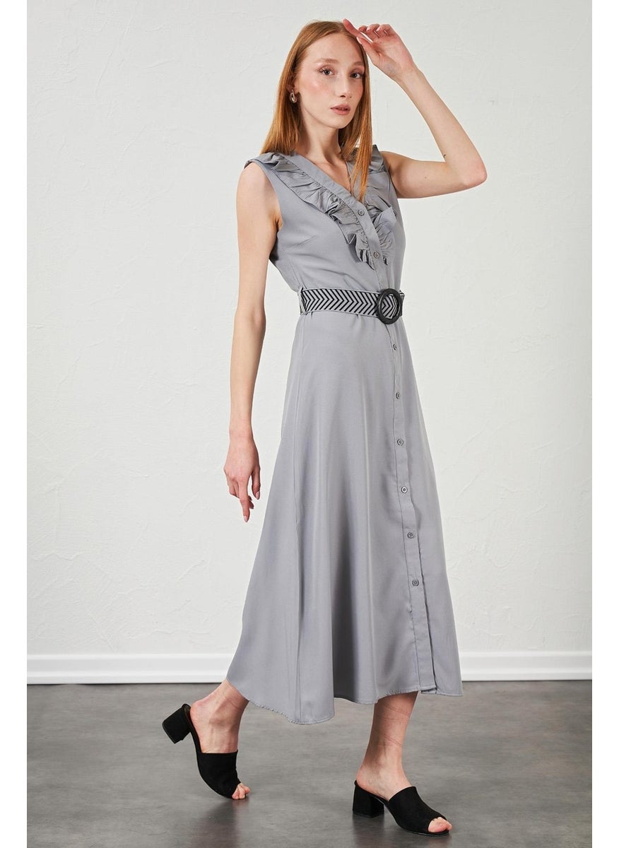 Women's Gray Collar Frilly Front Buttoned Sleeveless Poplin Fabric Long Dress