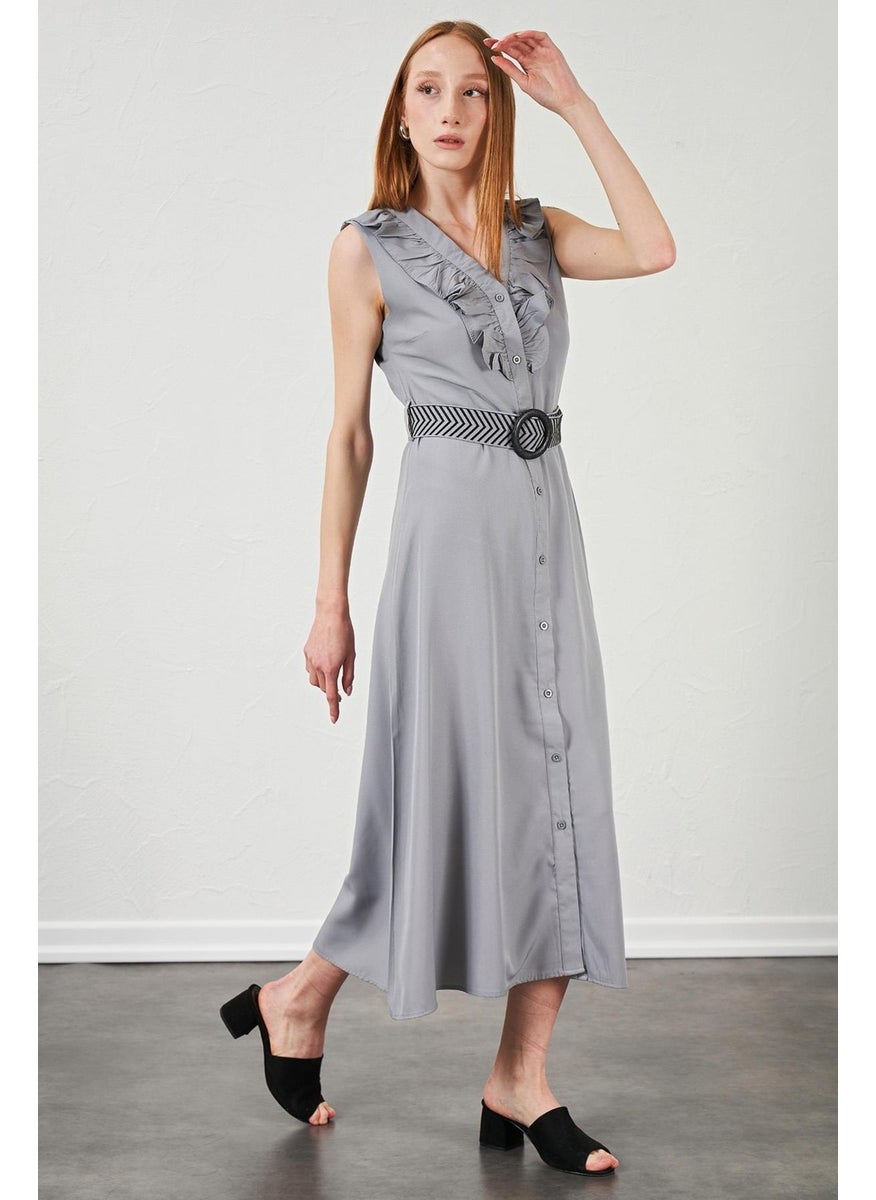 Women's Gray Collar Frilly Front Buttoned Sleeveless Poplin Fabric Long Dress