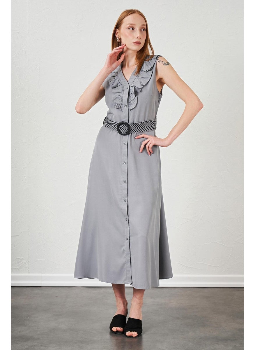 Women's Gray Collar Frilly Front Buttoned Sleeveless Poplin Fabric Long Dress