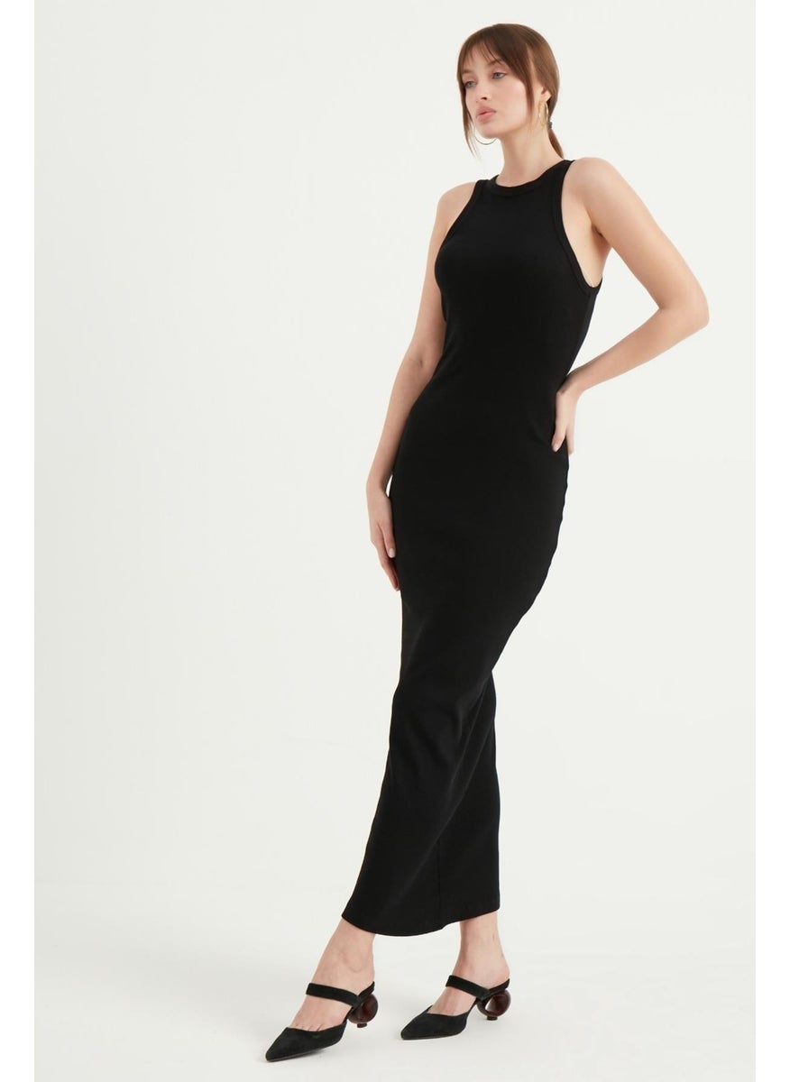 Women's Black Halter Neck Long Camisole Basic Dress