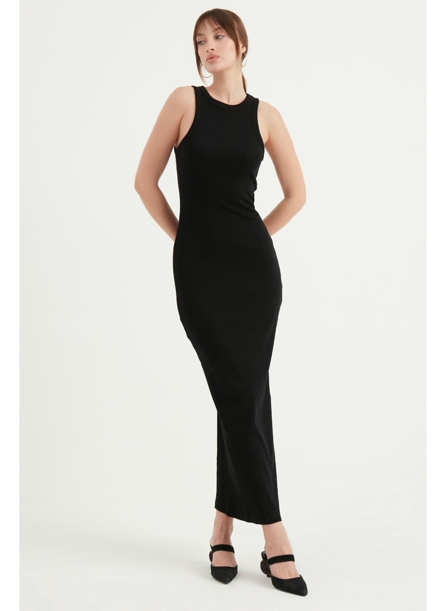 Women's Black Halter Neck Long Camisole Basic Dress
