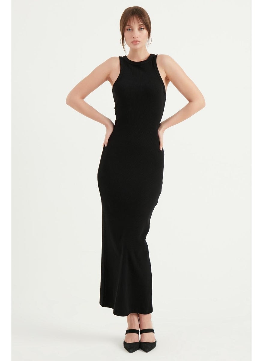 Women's Black Halter Neck Long Camisole Basic Dress