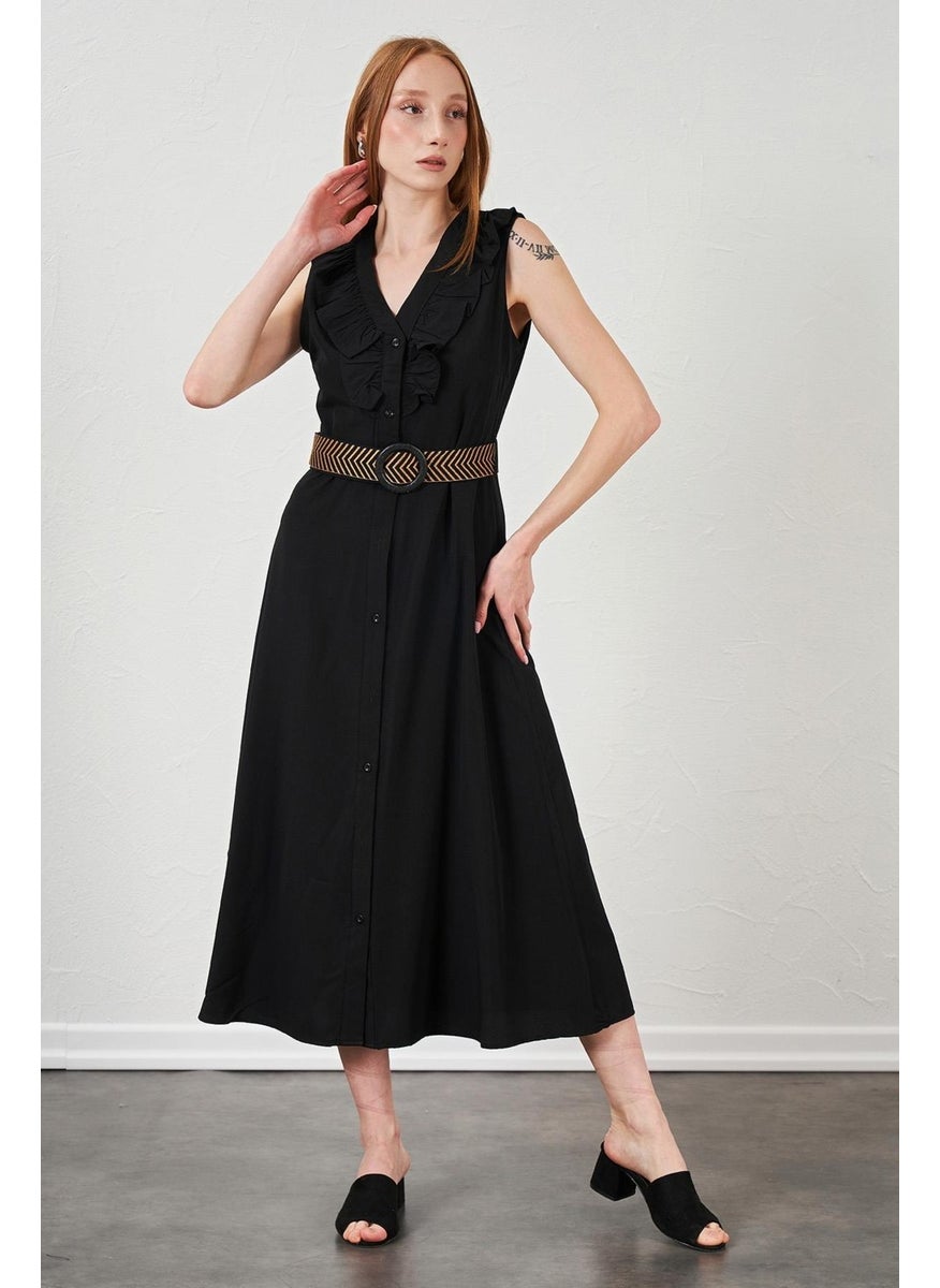 Women's Black Collar Frilly Button Front Sleeveless Poplin Fabric Long Dress