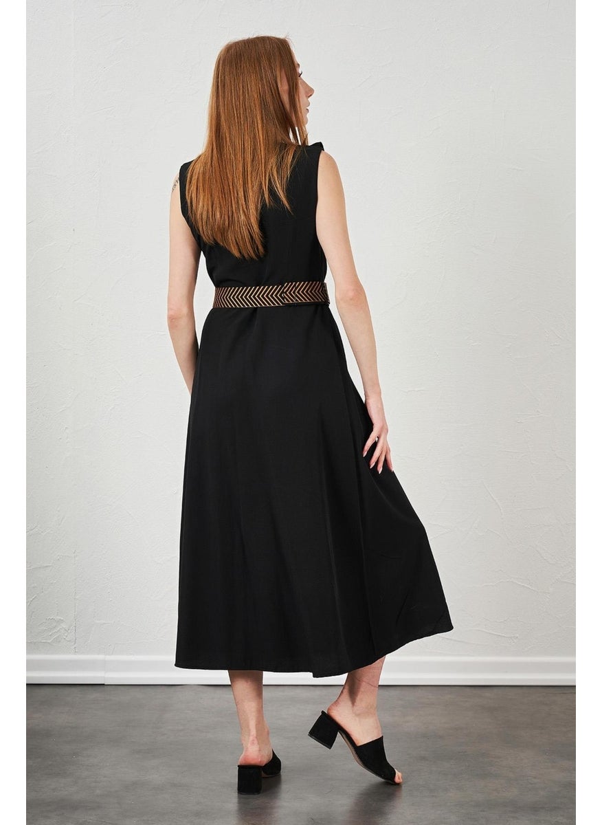 Women's Black Collar Frilly Button Front Sleeveless Poplin Fabric Long Dress