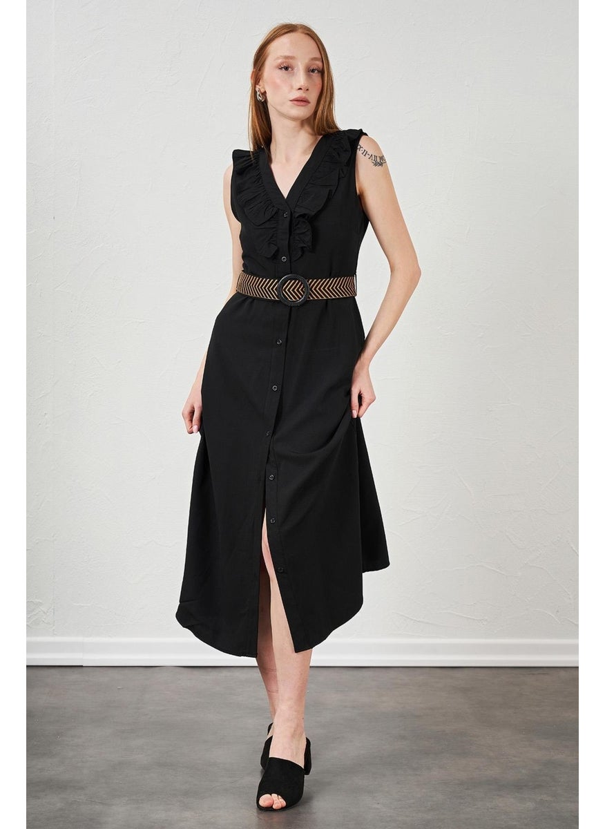 Women's Black Collar Frilly Button Front Sleeveless Poplin Fabric Long Dress