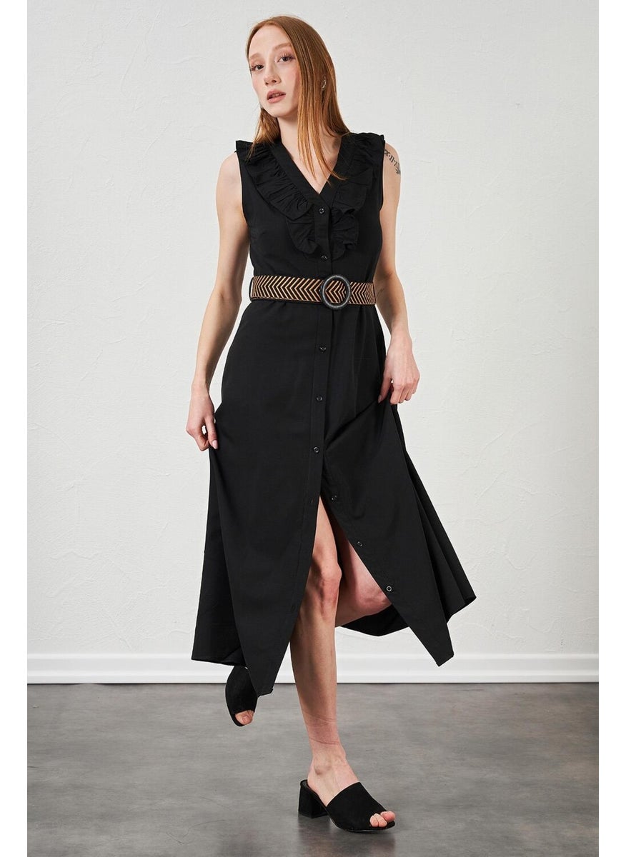 Women's Black Collar Frilly Button Front Sleeveless Poplin Fabric Long Dress