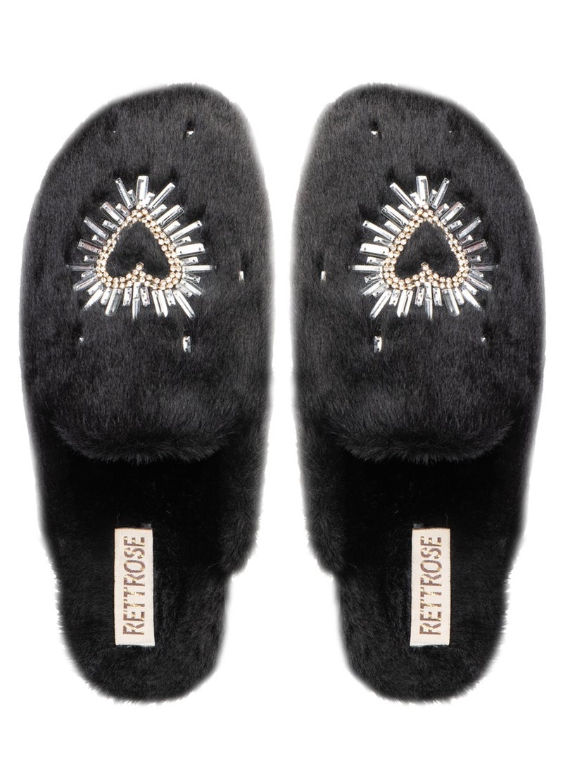 Noelle Black Luxury Plush Diamanté Embellished Handmade Slipper