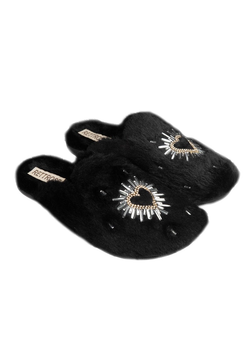 Noelle Black Luxury Plush Diamanté Embellished Handmade Slipper