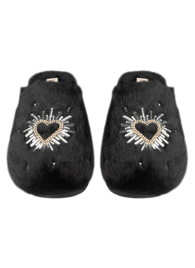 Noelle Black Luxury Plush Diamanté Embellished Handmade Slipper