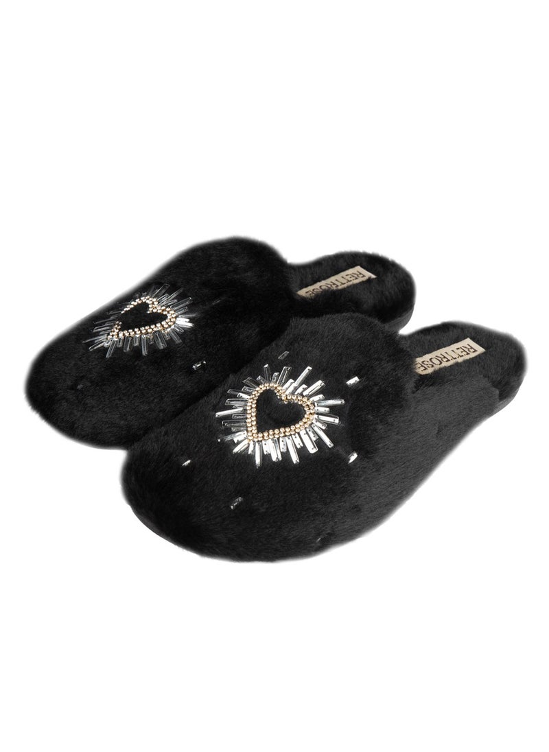 Noelle Black Luxury Plush Diamanté Embellished Handmade Slipper