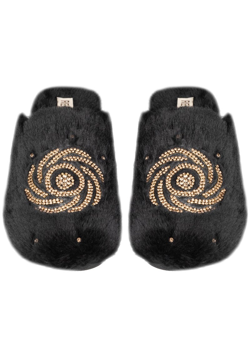 Morgan Noir Luxury Plush Diamanté Embellished Handmade Slipper