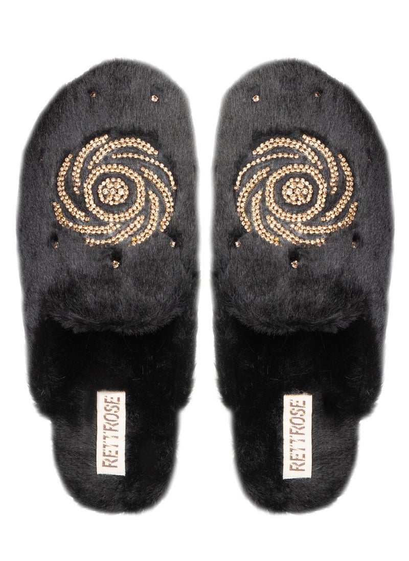 Morgan Noir Luxury Plush Diamanté Embellished Handmade Slipper