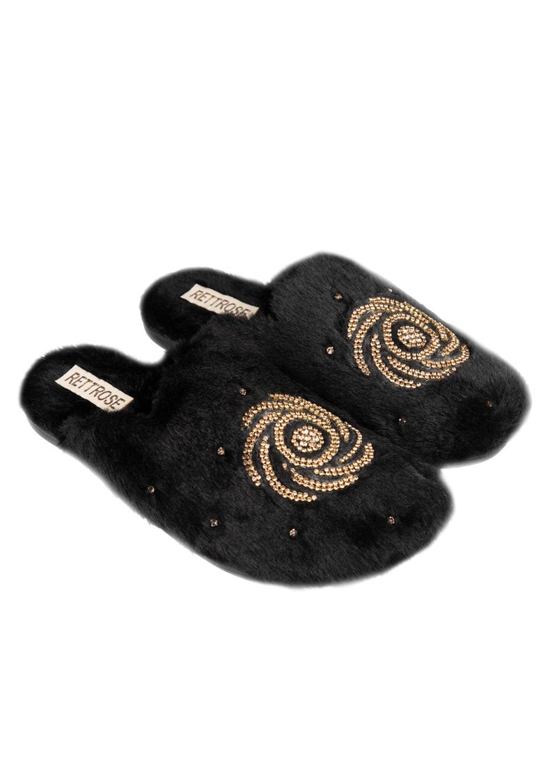 Morgan Noir Luxury Plush Diamanté Embellished Handmade Slipper