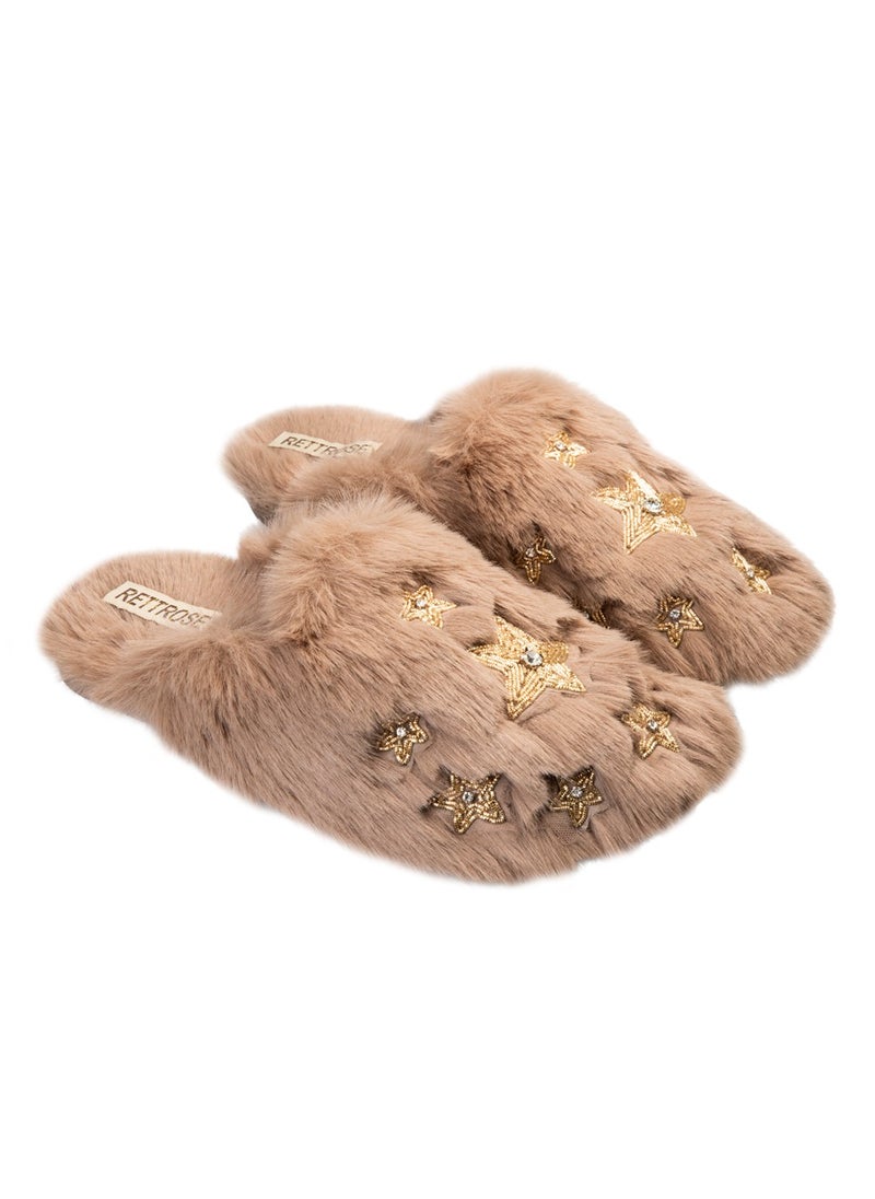 Saylor Mink Luxury Plush Diamanté Embellished Handmade Slipper