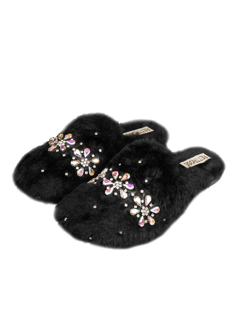 Kamila Black Luxury Plush Diamanté Embellished Handmade Slipper