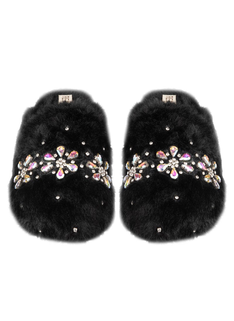 Kamila Black Luxury Plush Diamanté Embellished Handmade Slipper