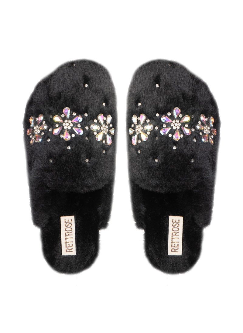 Kamila Black Luxury Plush Diamanté Embellished Handmade Slipper