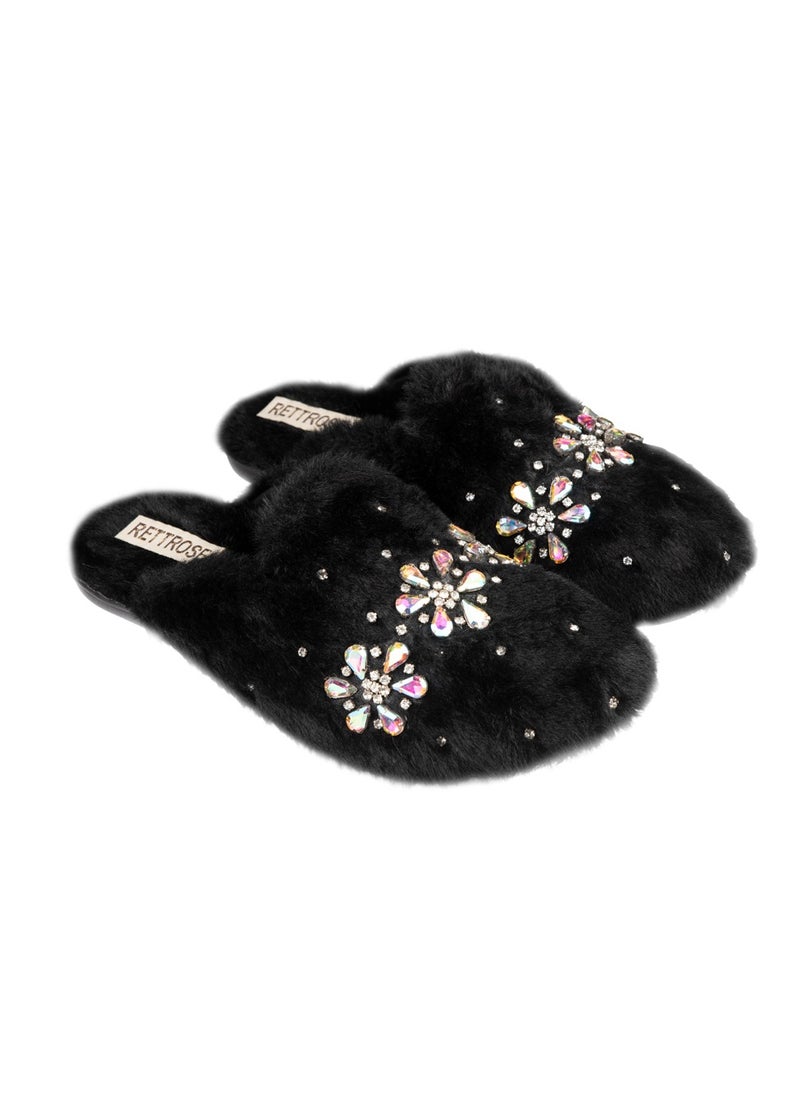 Kamila Black Luxury Plush Diamanté Embellished Handmade Slipper