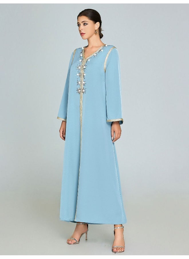 Handcrafted Beaded V-Neck Long Sleeve Kaftan Dress