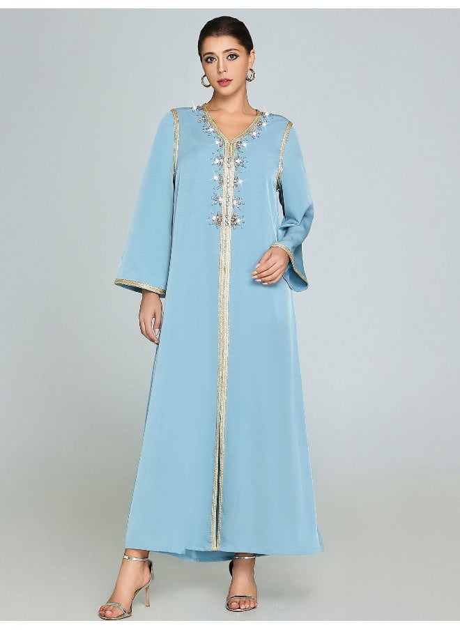 Handcrafted Beaded V-Neck Long Sleeve Kaftan Dress
