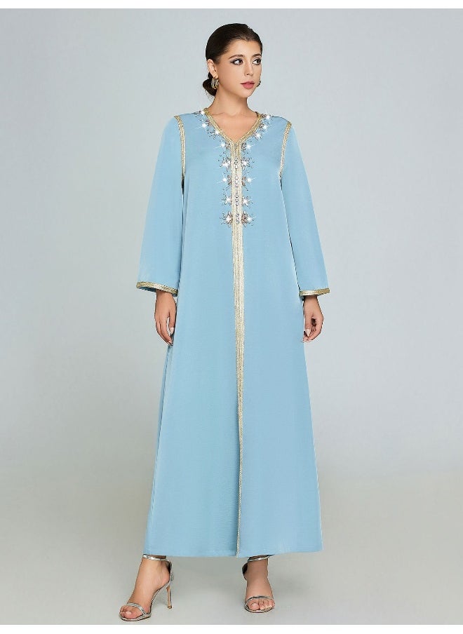 Handcrafted Beaded V-Neck Long Sleeve Kaftan Dress
