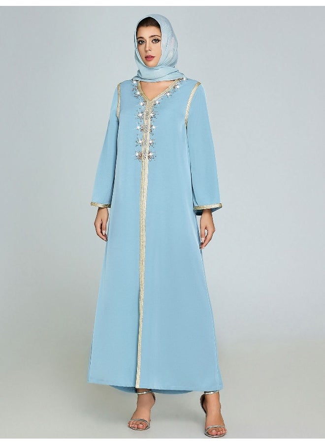 Handcrafted Beaded V-Neck Long Sleeve Kaftan Dress