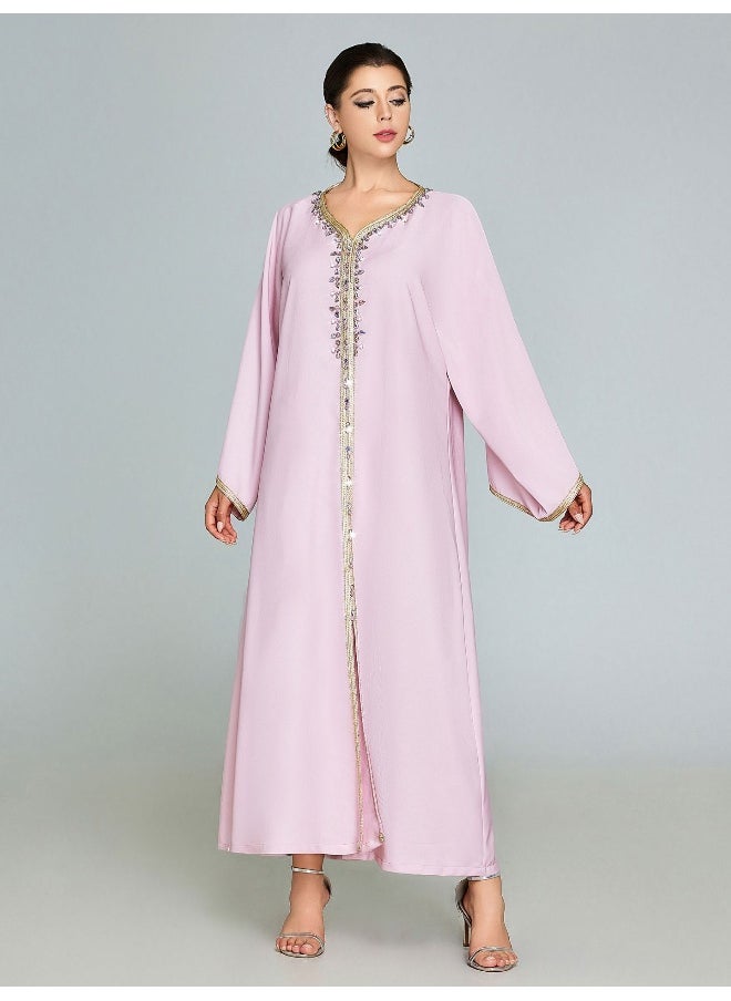 Elegant Pink Embroidered Sequin Kaftan Dress