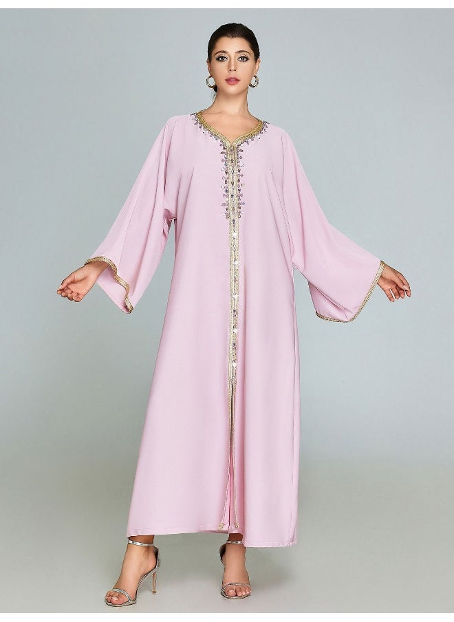 Elegant Pink Embroidered Sequin Kaftan Dress