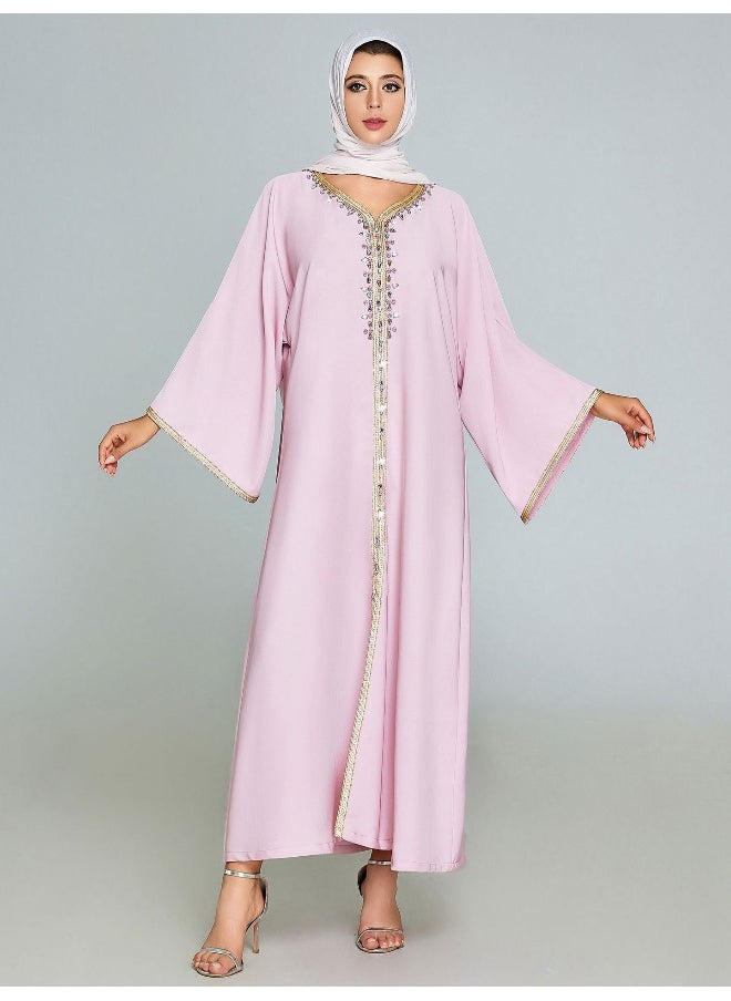 Elegant Pink Embroidered Sequin Kaftan Dress