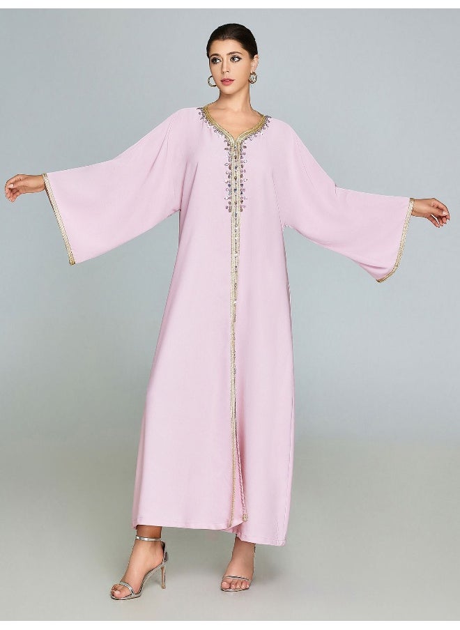 Elegant Pink Embroidered Sequin Kaftan Dress