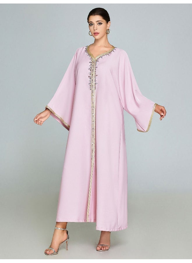 Elegant Pink Embroidered Sequin Kaftan Dress