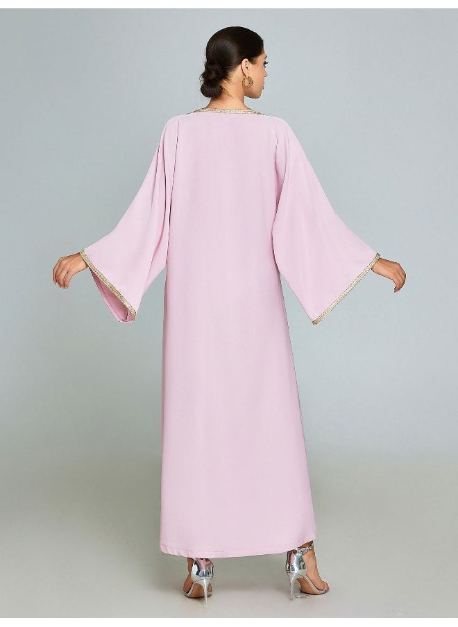 Elegant Pink Embroidered Sequin Kaftan Dress