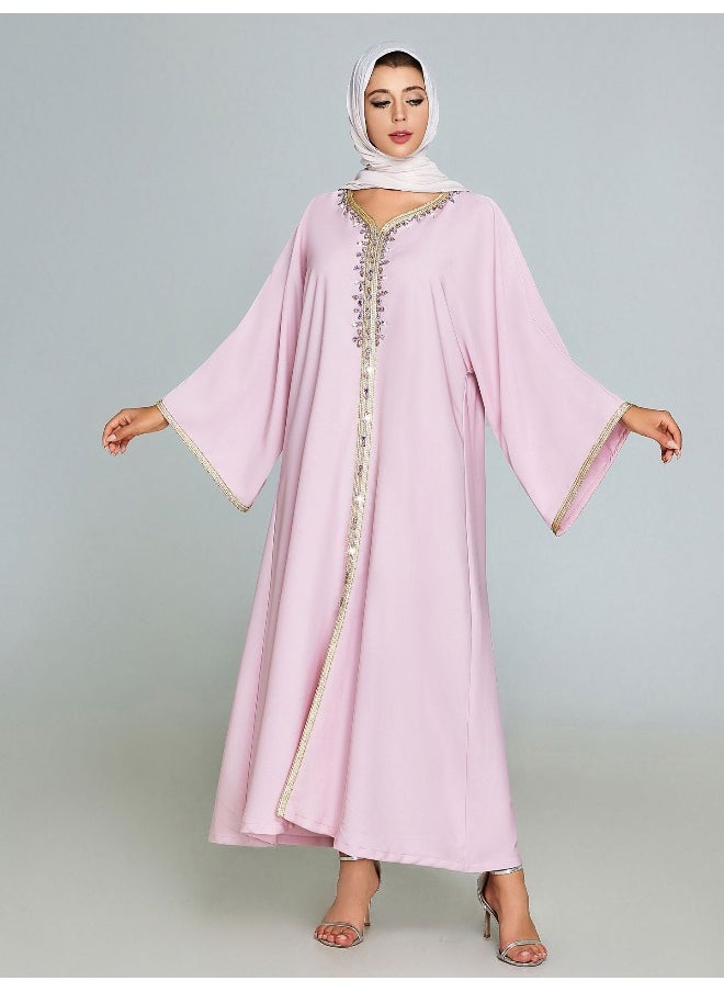 Elegant Pink Embroidered Sequin Kaftan Dress