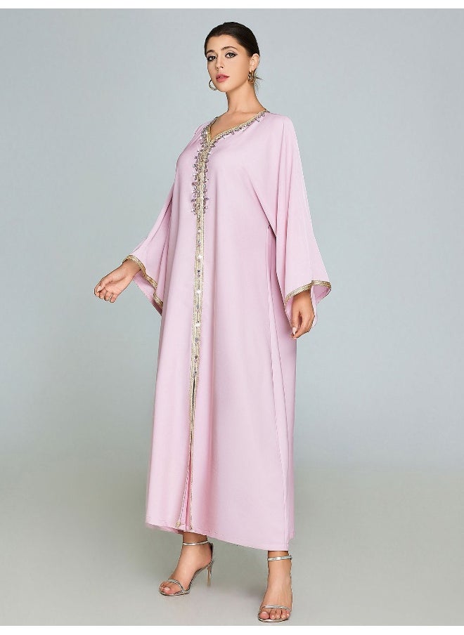 Elegant Pink Embroidered Sequin Kaftan Dress