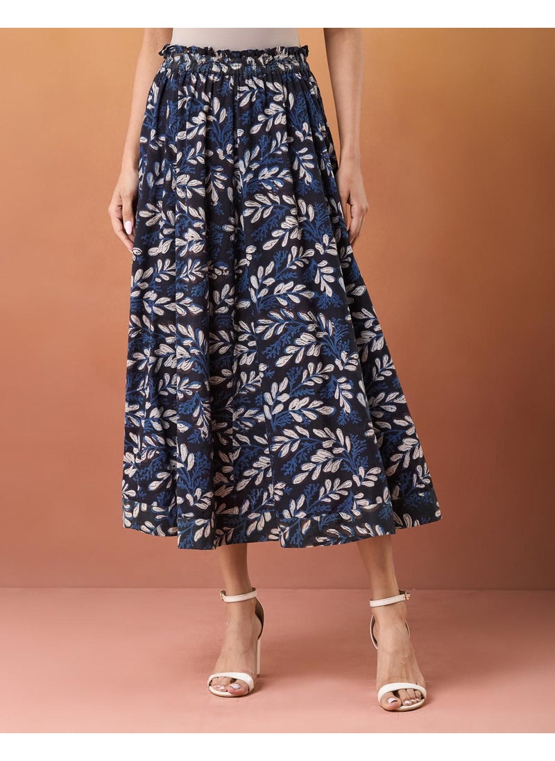 Blue Cotton Bagru Printed Skirt Maxi