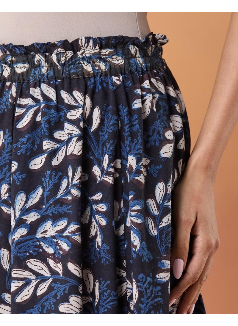 Blue Cotton Bagru Printed Skirt Maxi
