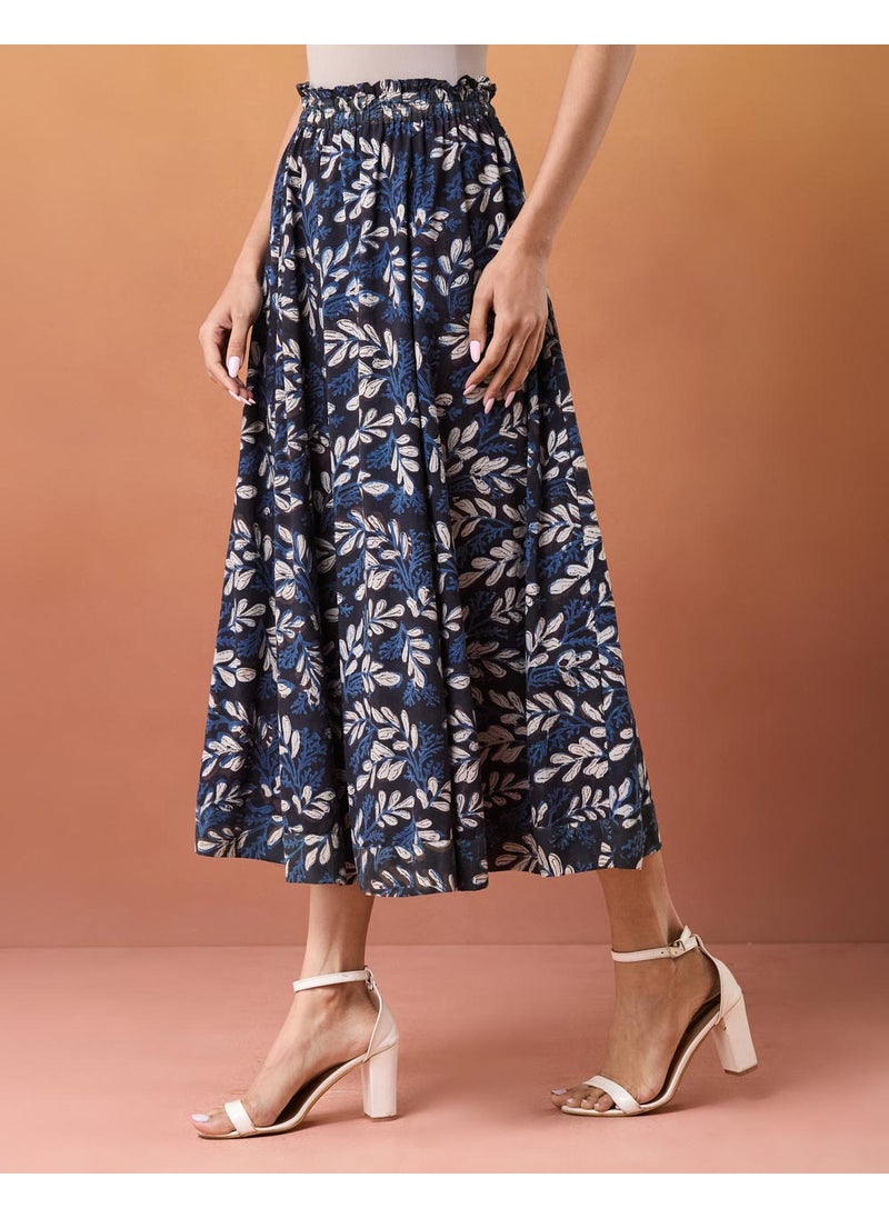 Blue Cotton Bagru Printed Skirt Maxi