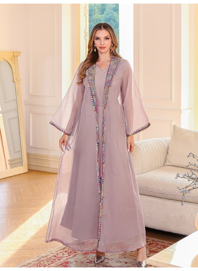 Graceful Pink Abaya with Colorful Embroidered Trim