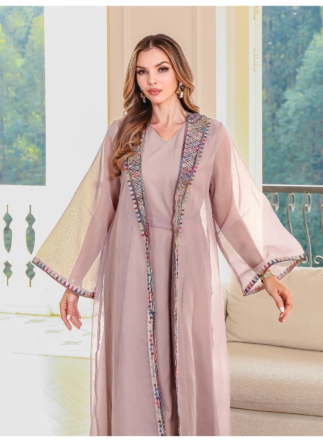 Graceful Pink Abaya with Colorful Embroidered Trim