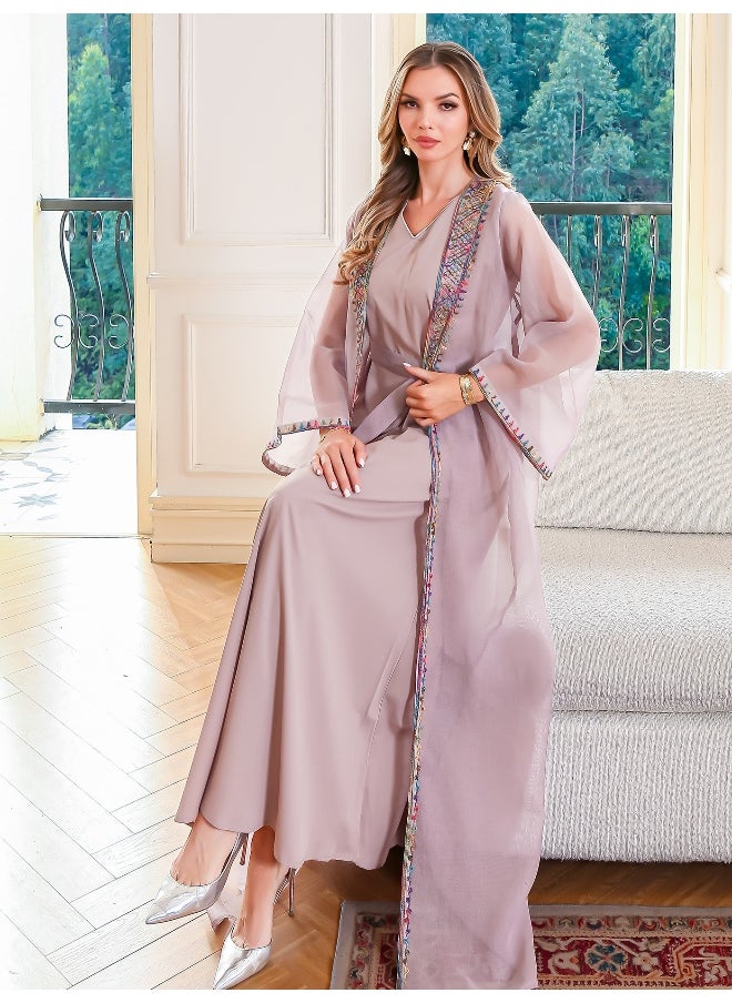 Graceful Pink Abaya with Colorful Embroidered Trim