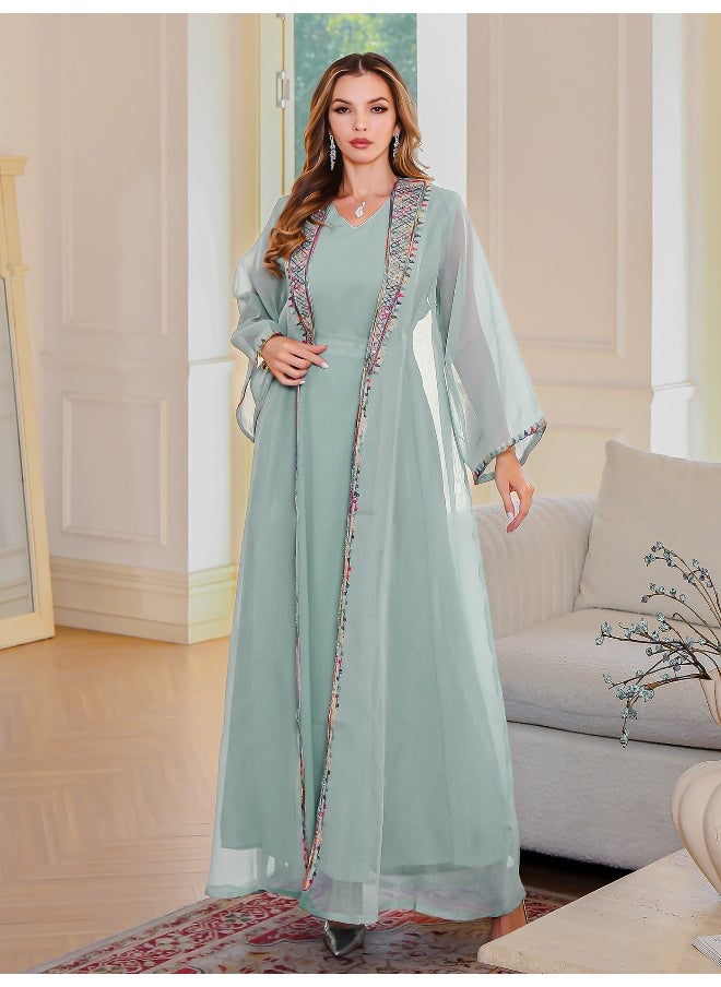 Graceful Light Green Abaya with Colorful Embroidered Trim