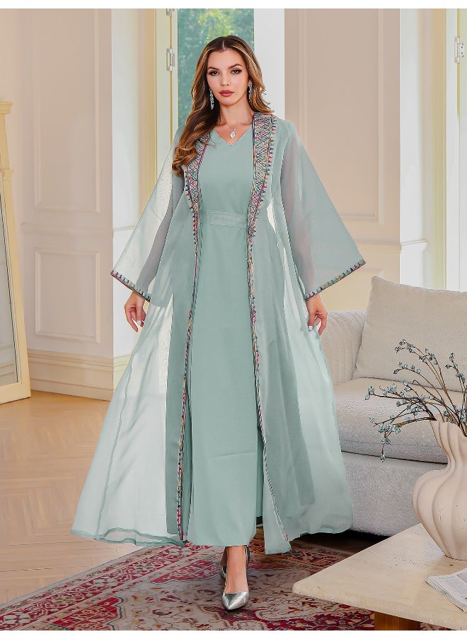Graceful Light Green Abaya with Colorful Embroidered Trim