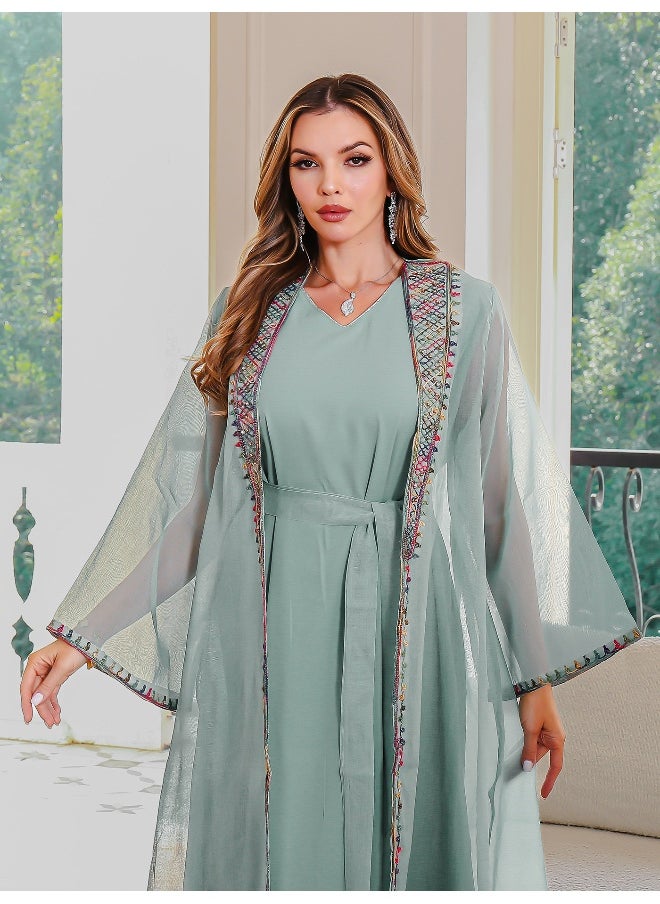 Graceful Light Green Abaya with Colorful Embroidered Trim
