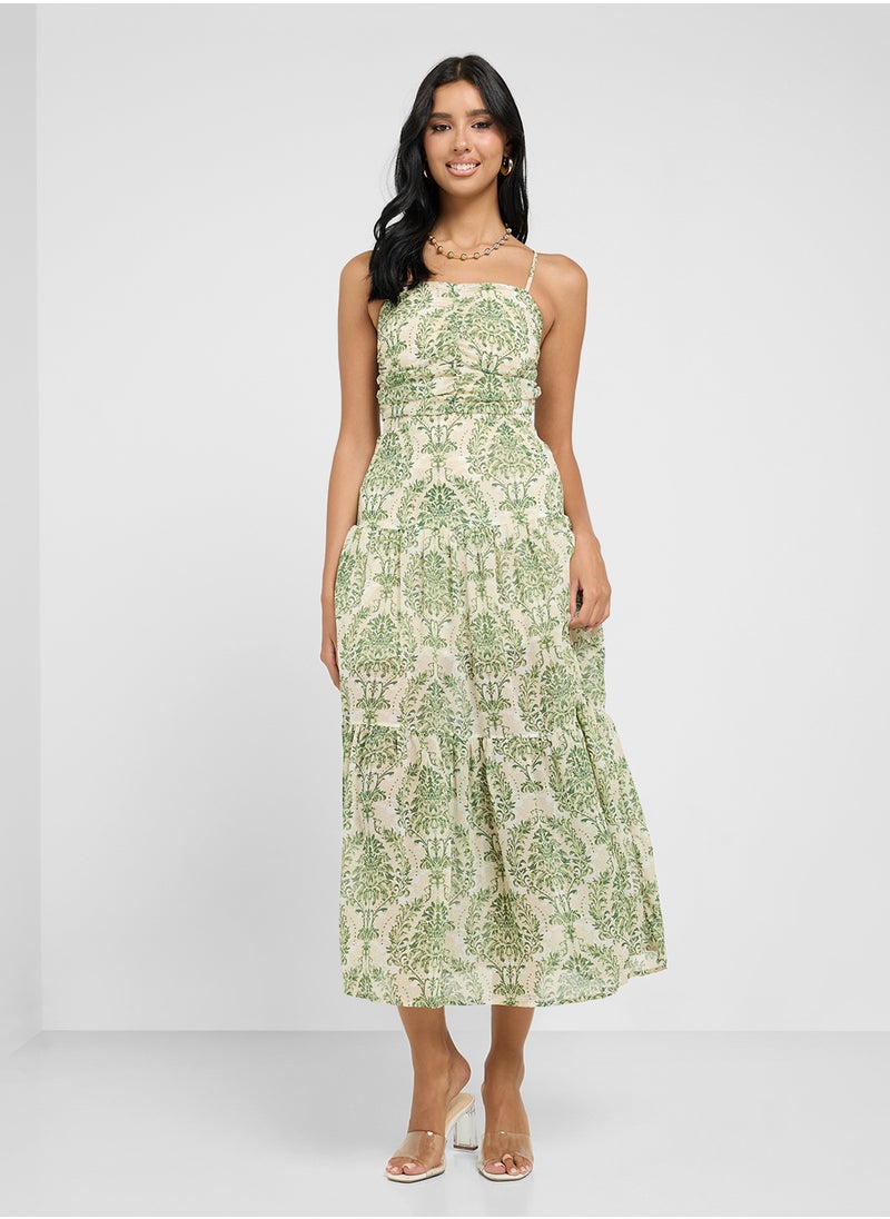 Strappy Floral A Line Pleated Dress