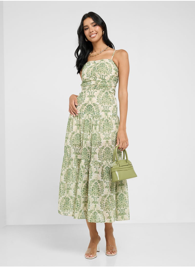 Strappy Floral A Line Pleated Dress