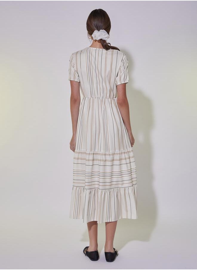 Striped Notch Neck A-Line Midi Dress