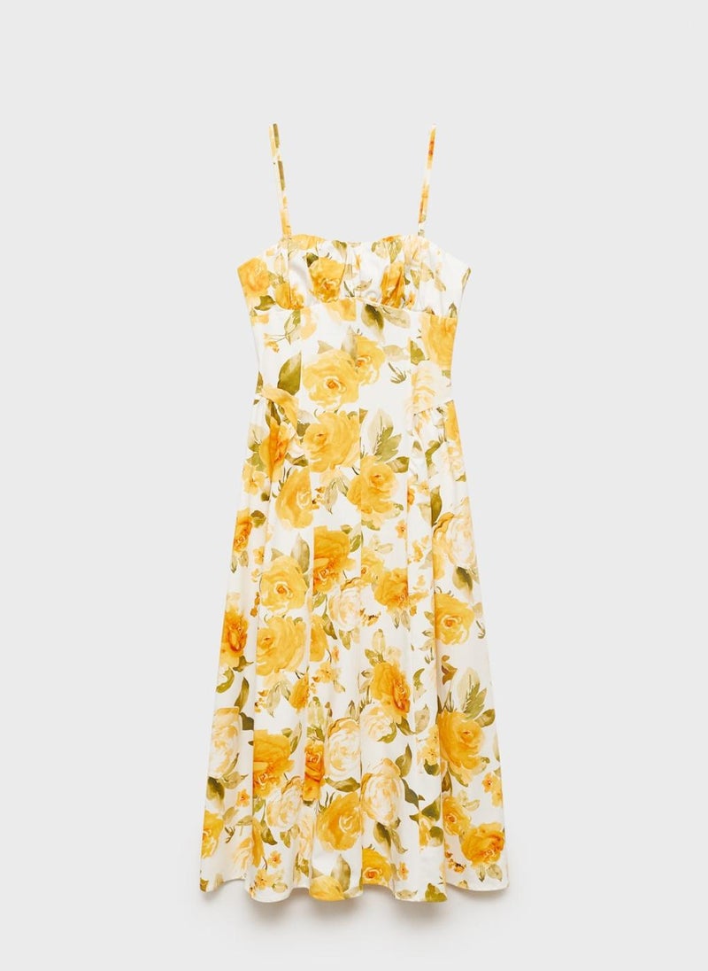 Floral Midi-Dress With Gathered Neckline
