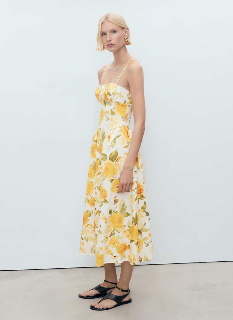 Floral Midi-Dress With Gathered Neckline