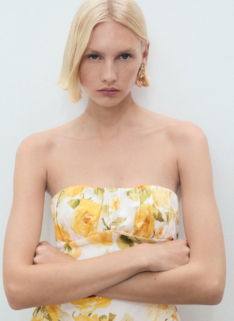 Floral Midi-Dress With Gathered Neckline